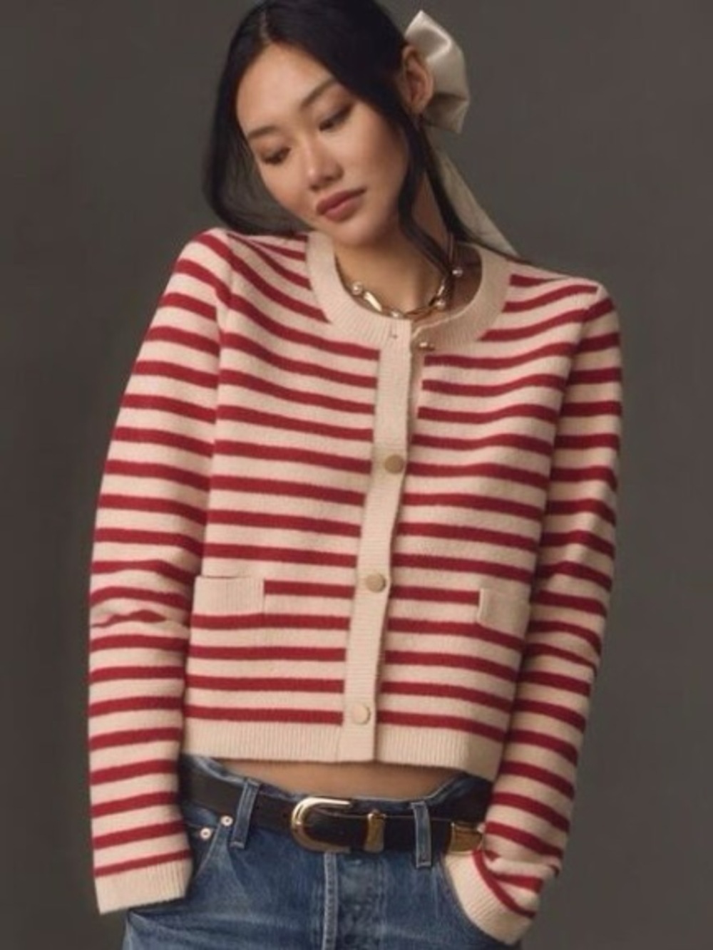 NVLT Red and Cream Striped Button Cardigan